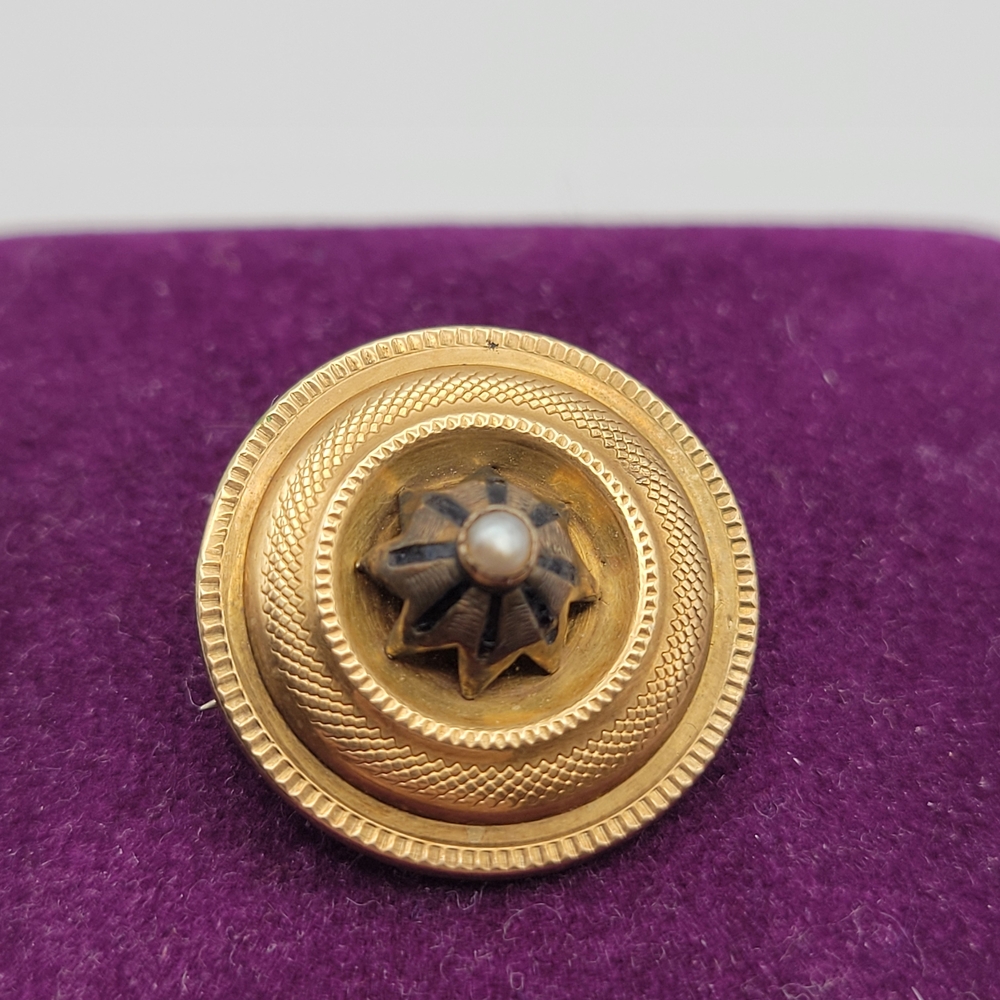 Antique Victorian Target Brooch Gold Black Enamel Star Seed Pearl 1880s 1900s